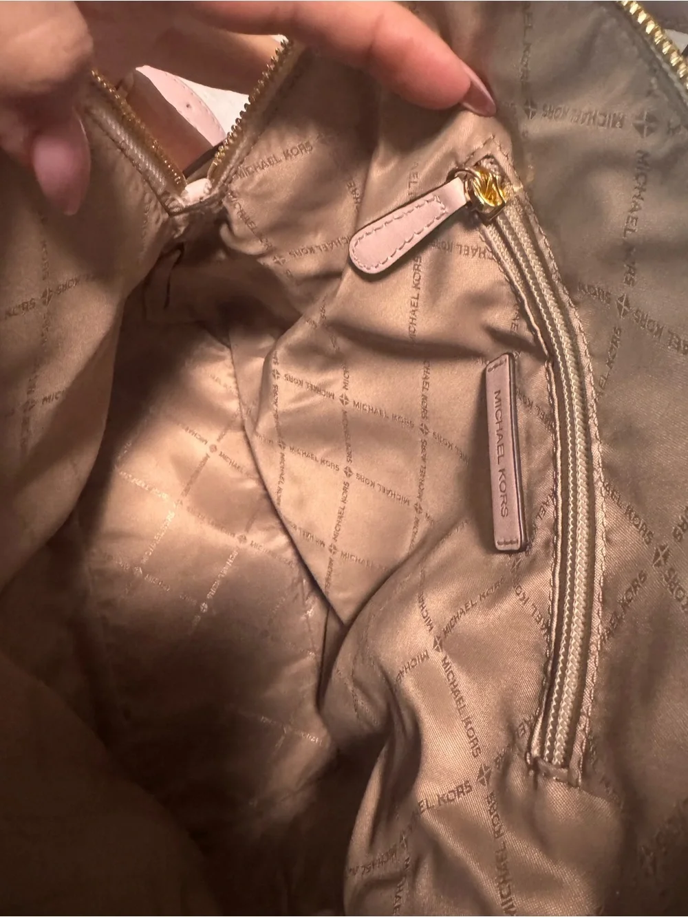 Michael Kors Beige MK Monogram Backpack with Pink Trim